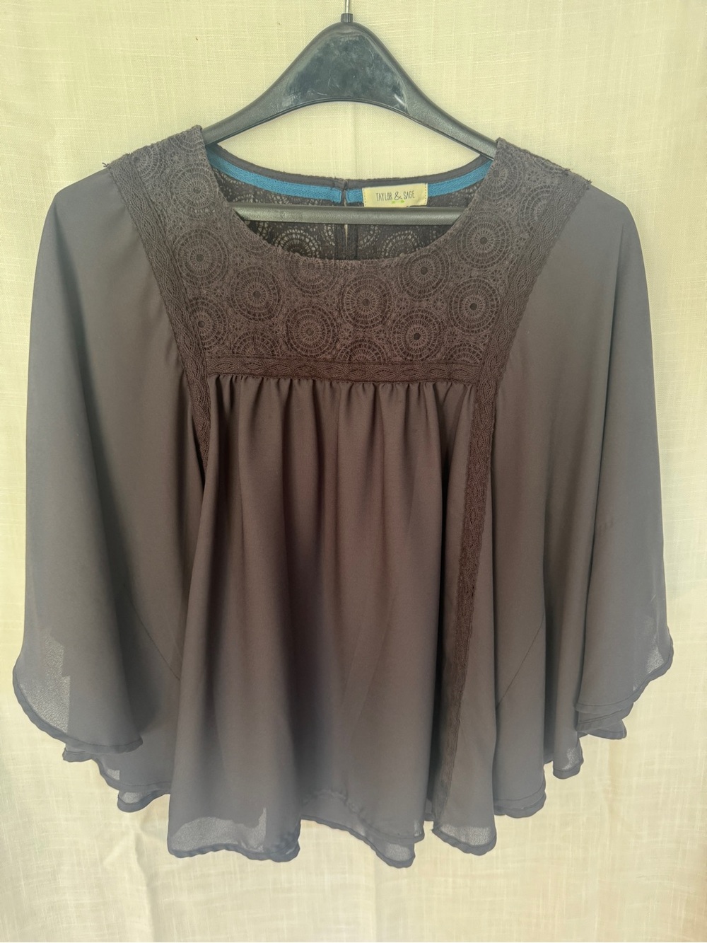 Taylor & Sage Dark Gray Crochet Yoke Flowy Tunic Top
